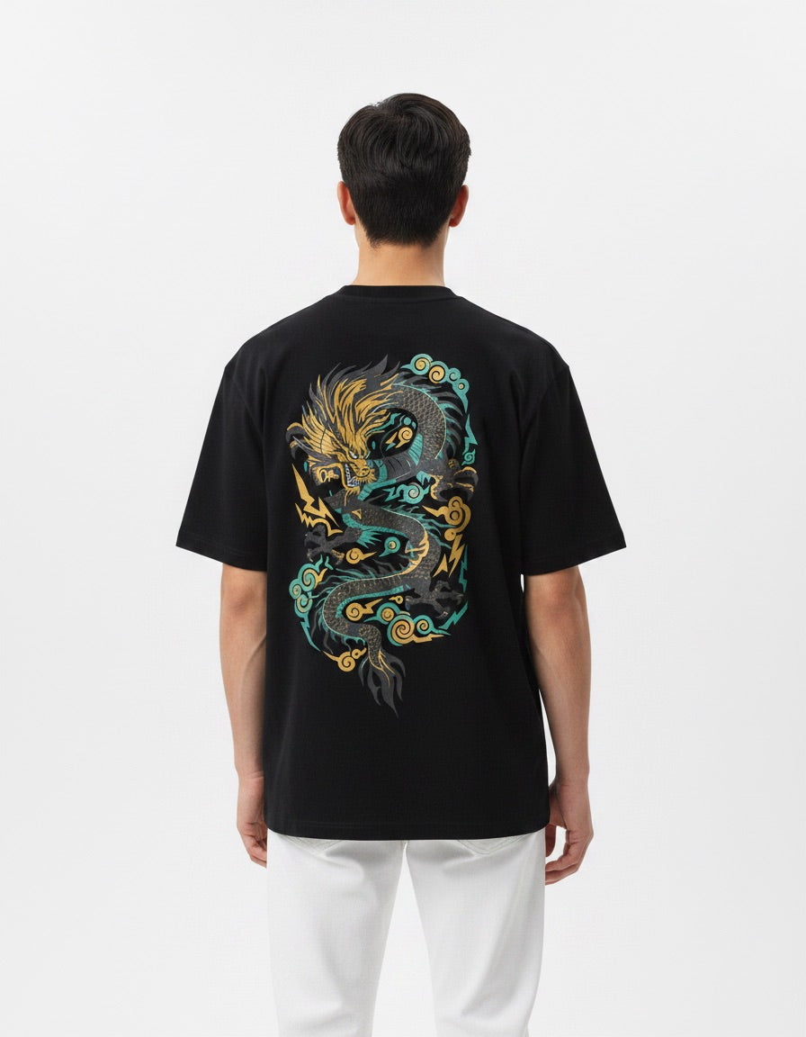 Man wearing a white t-shirt with a colorful dragon design on the back against a white background