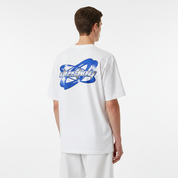 Person wearing a white t-shirt with a blue logo on the back against a white background