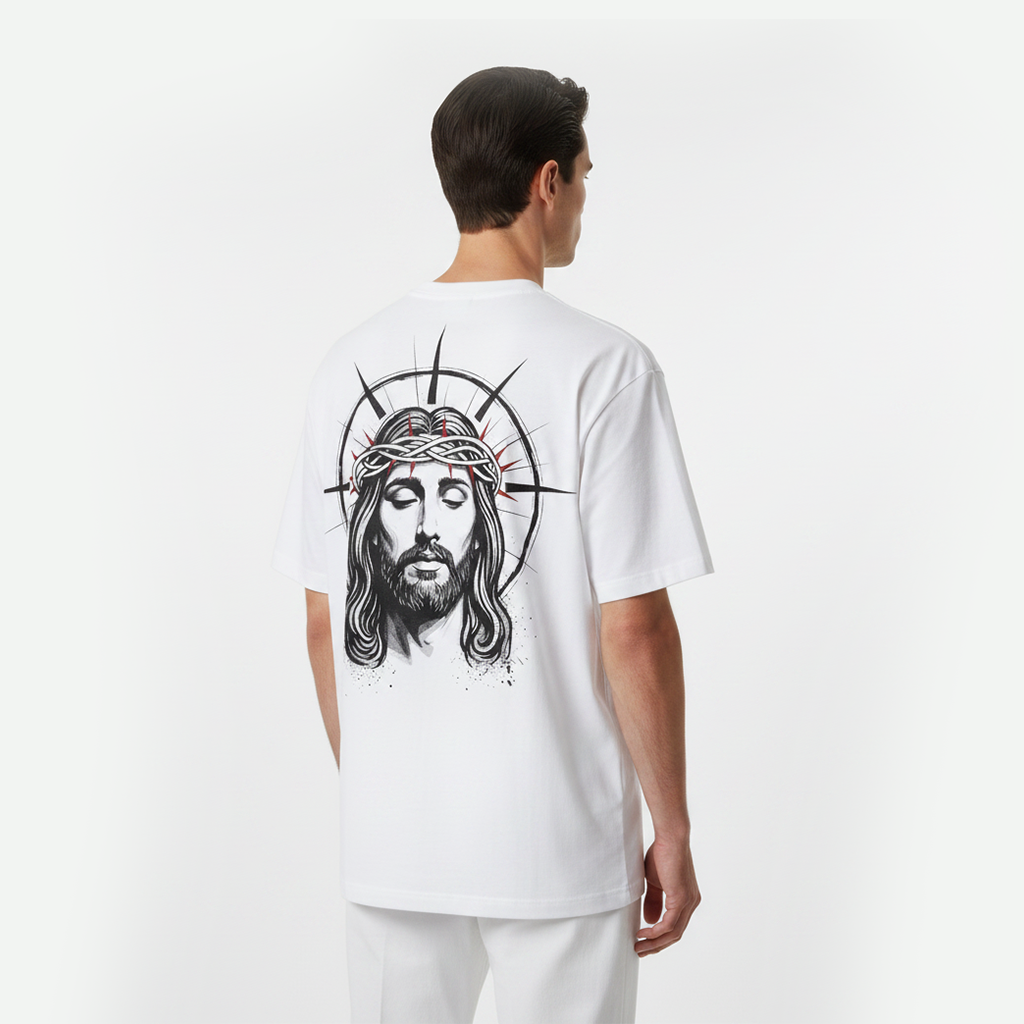 Person wearing a white t-shirt with a graphic design on the back, standing against a plain background.