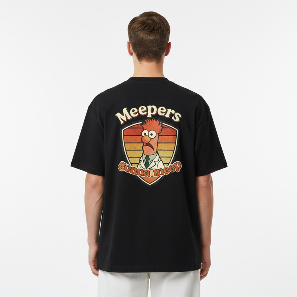 Person wearing a white t-shirt with a graphic design on the back against a white background