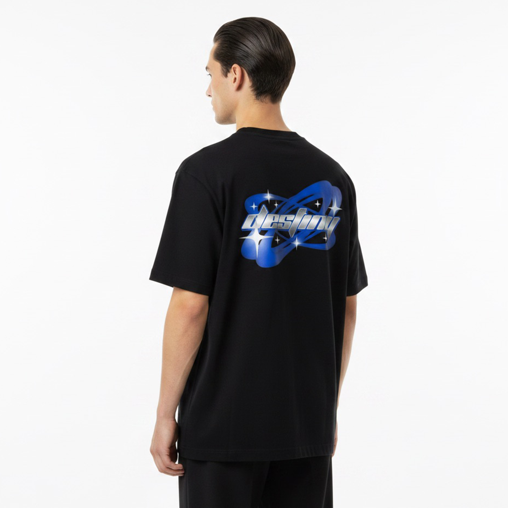 Person wearing a white t-shirt with a blue logo on the back against a white background