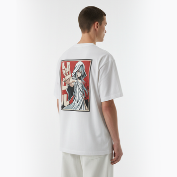 Person wearing a white t-shirt with a graphic design on the back against a plain background