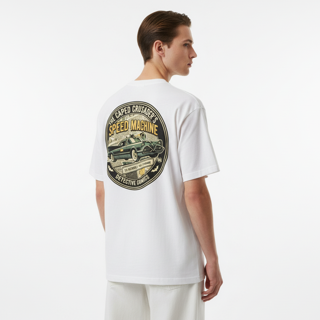 Person wearing a white t-shirt with a graphic design on the back against a white background