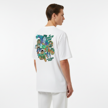Person wearing a white t-shirt with colorful graphic design on the back against a white background