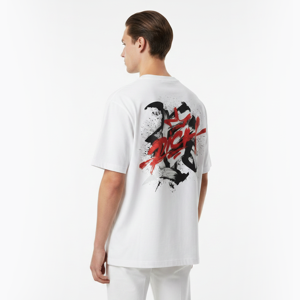 Person wearing a white t-shirt with black and red graphic design on the back against a white background