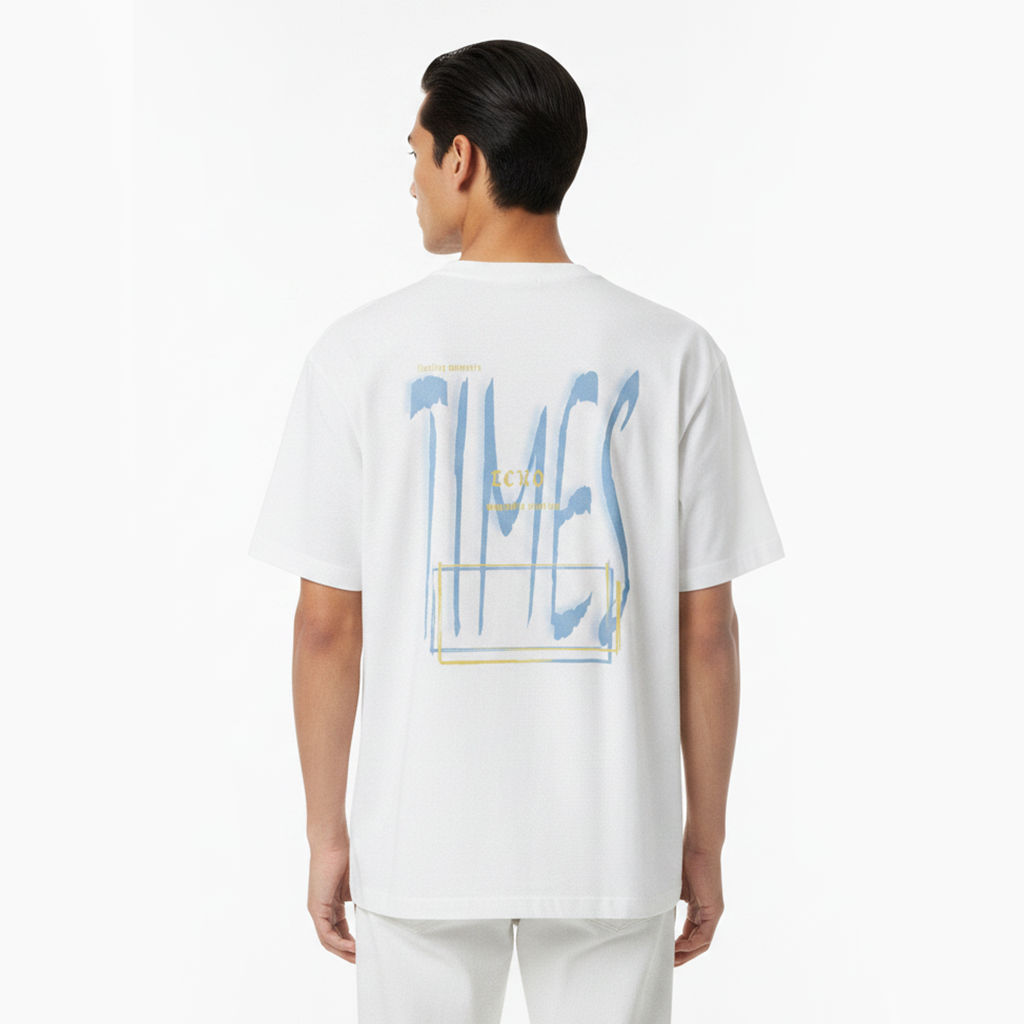 Person wearing a white t-shirt with blue text on the back against a white background