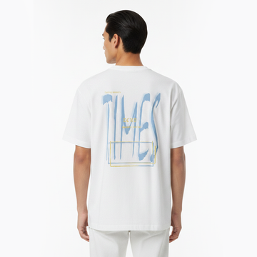 Person wearing a white t-shirt with blue text on the back against a white background