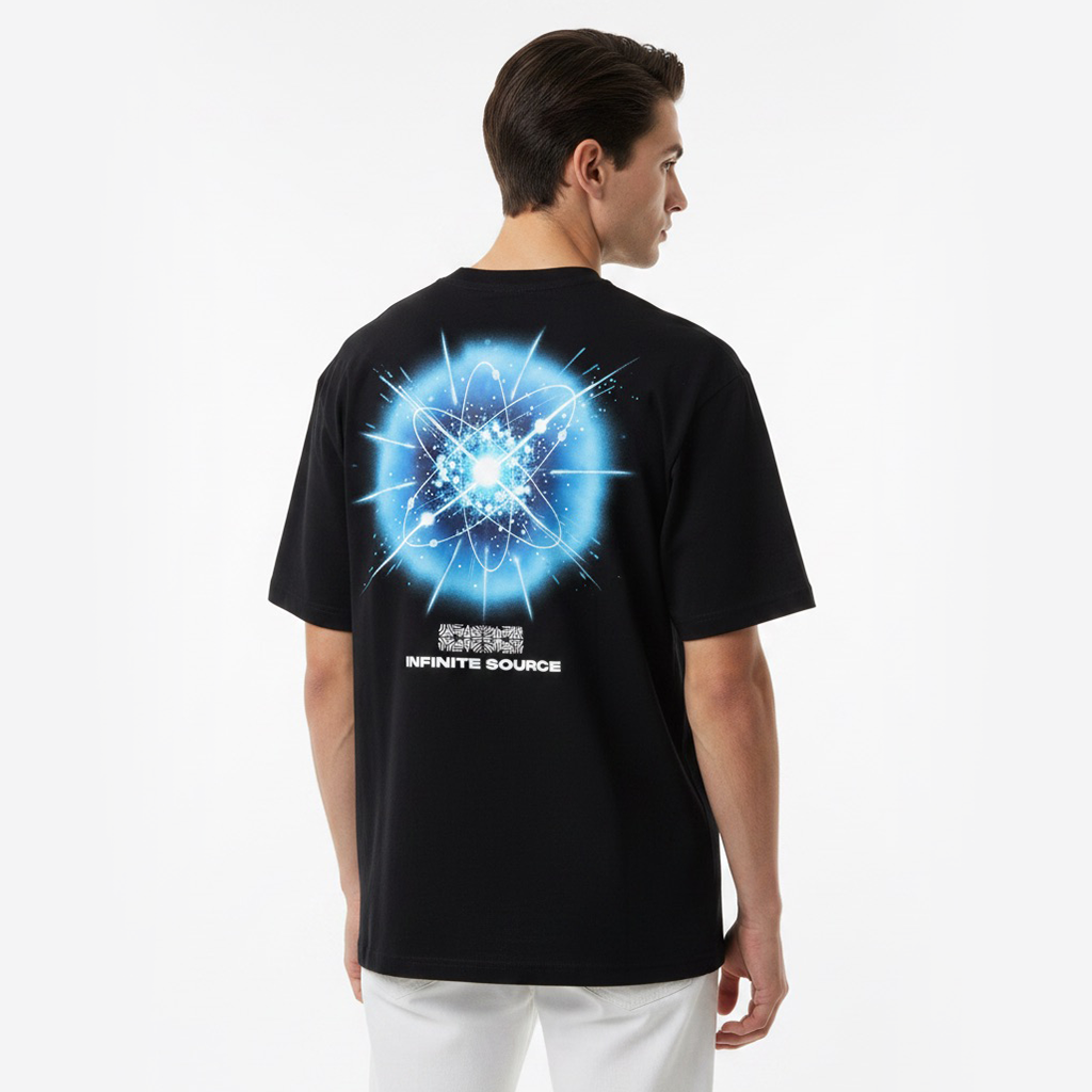 Person wearing a white t-shirt with a blue graphic on the back against a white background