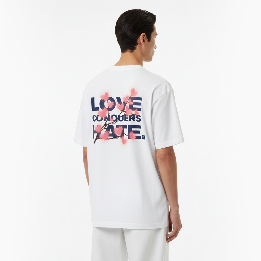 Person wearing a white t-shirt with 'Love Conquers Hate' text and floral design on the back.