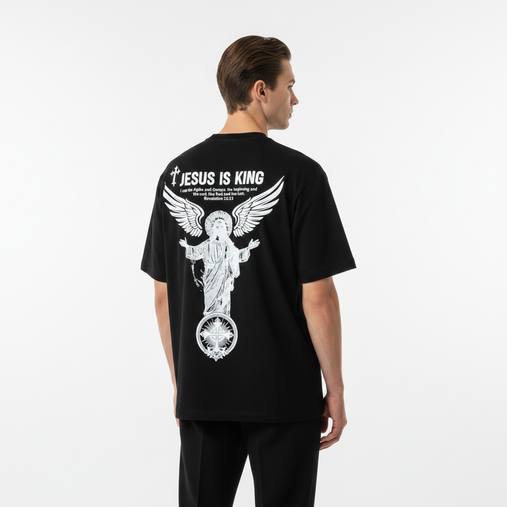 Person wearing a black t-shirt with 'Jesus is King' text and an angel graphic on the back.