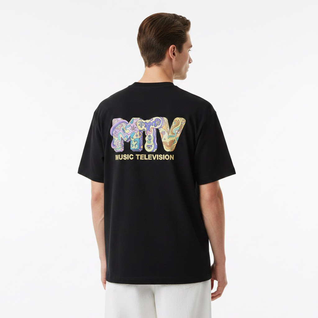 Person wearing a white t-shirt with colorful text on the back against a white background