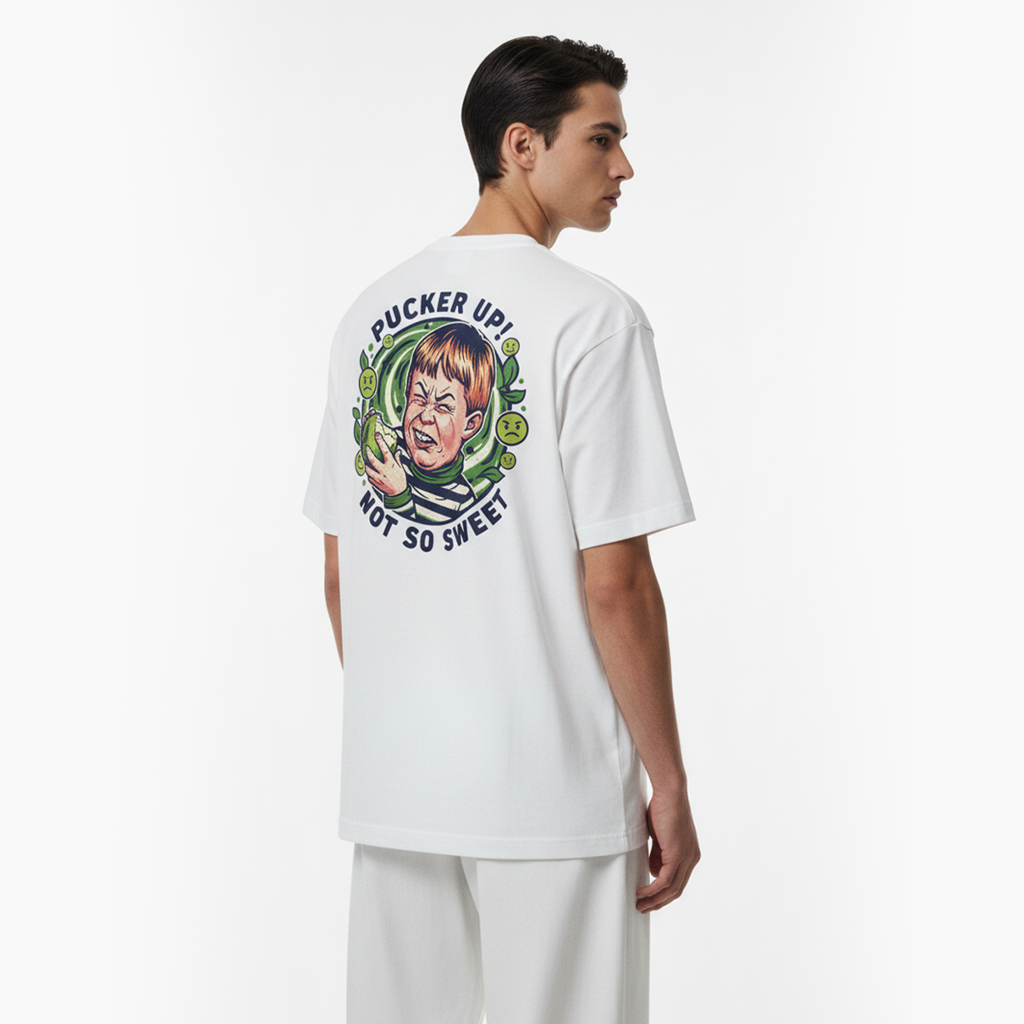 Person wearing a white t-shirt with a graphic design on the back against a white background
