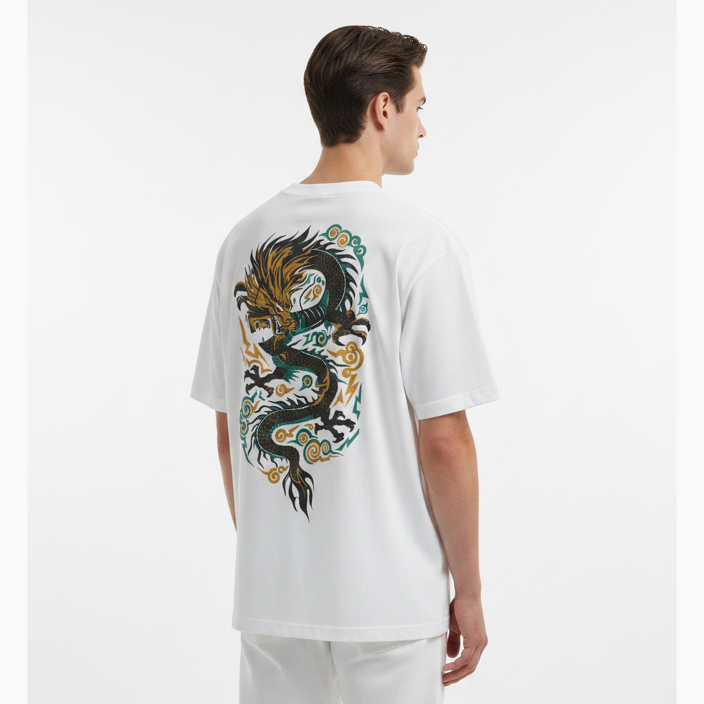 Man wearing a white t-shirt with a colorful dragon design on the back against a white background
