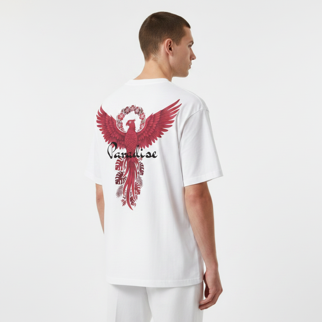 Person wearing a white t-shirt with a red eagle design on the back, standing against a white background.