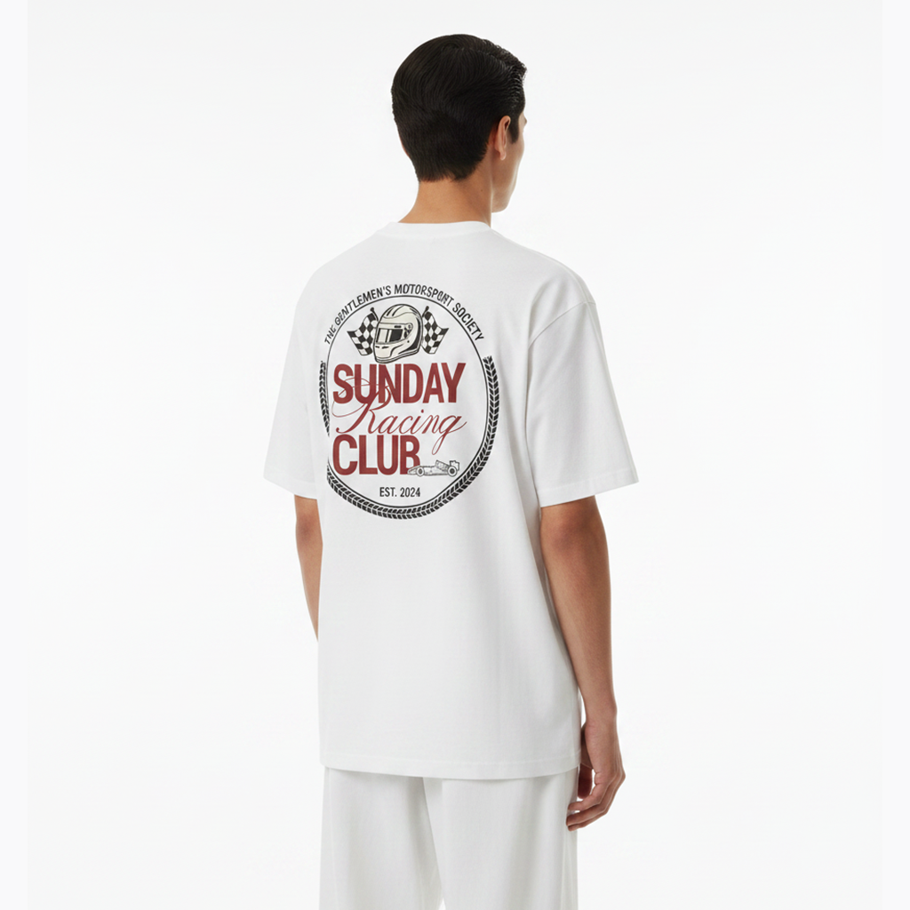 Person wearing a white t-shirt with 'Sunday Racing Club' design on the back against a white background