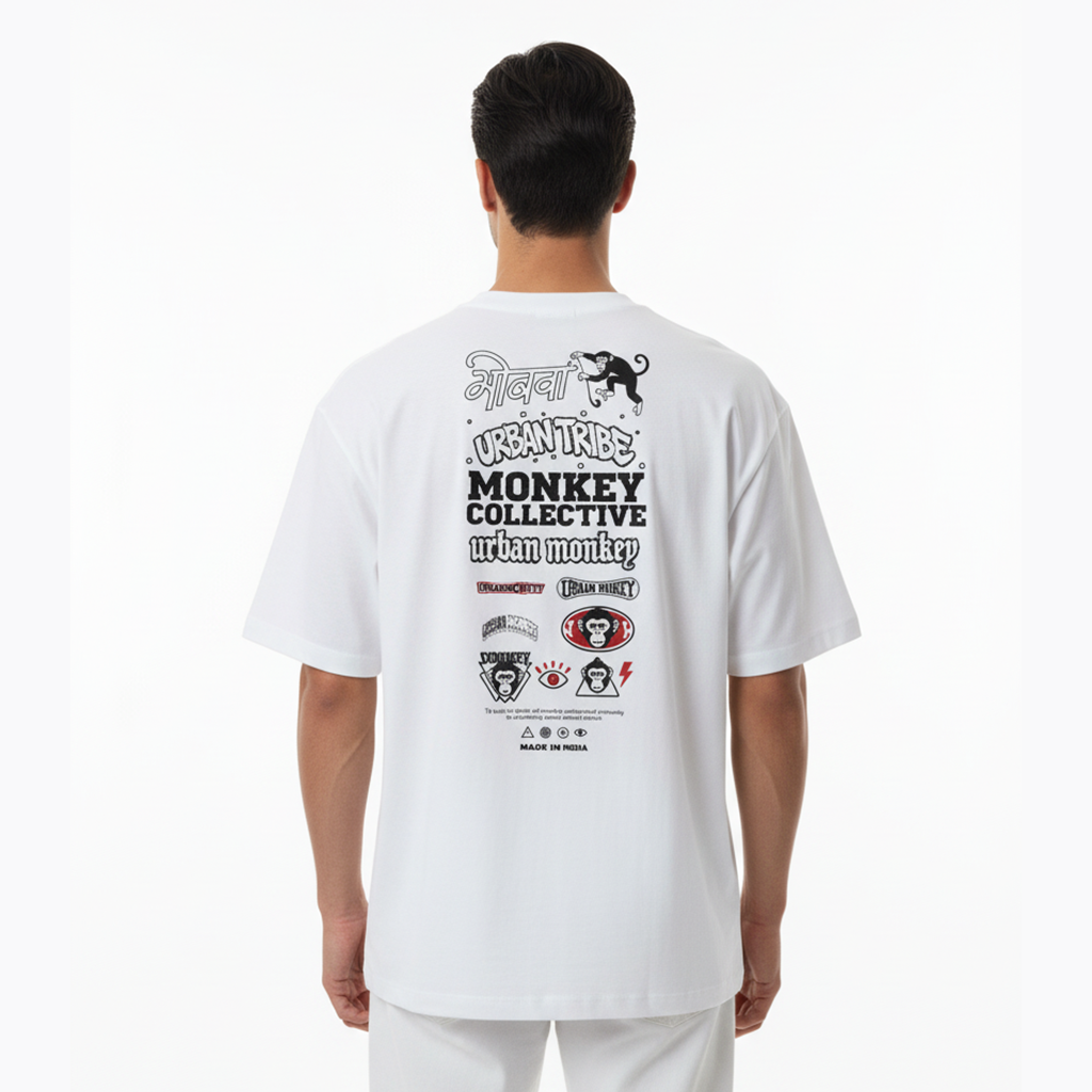 Person wearing a white t-shirt with brand logos on the back against a white background