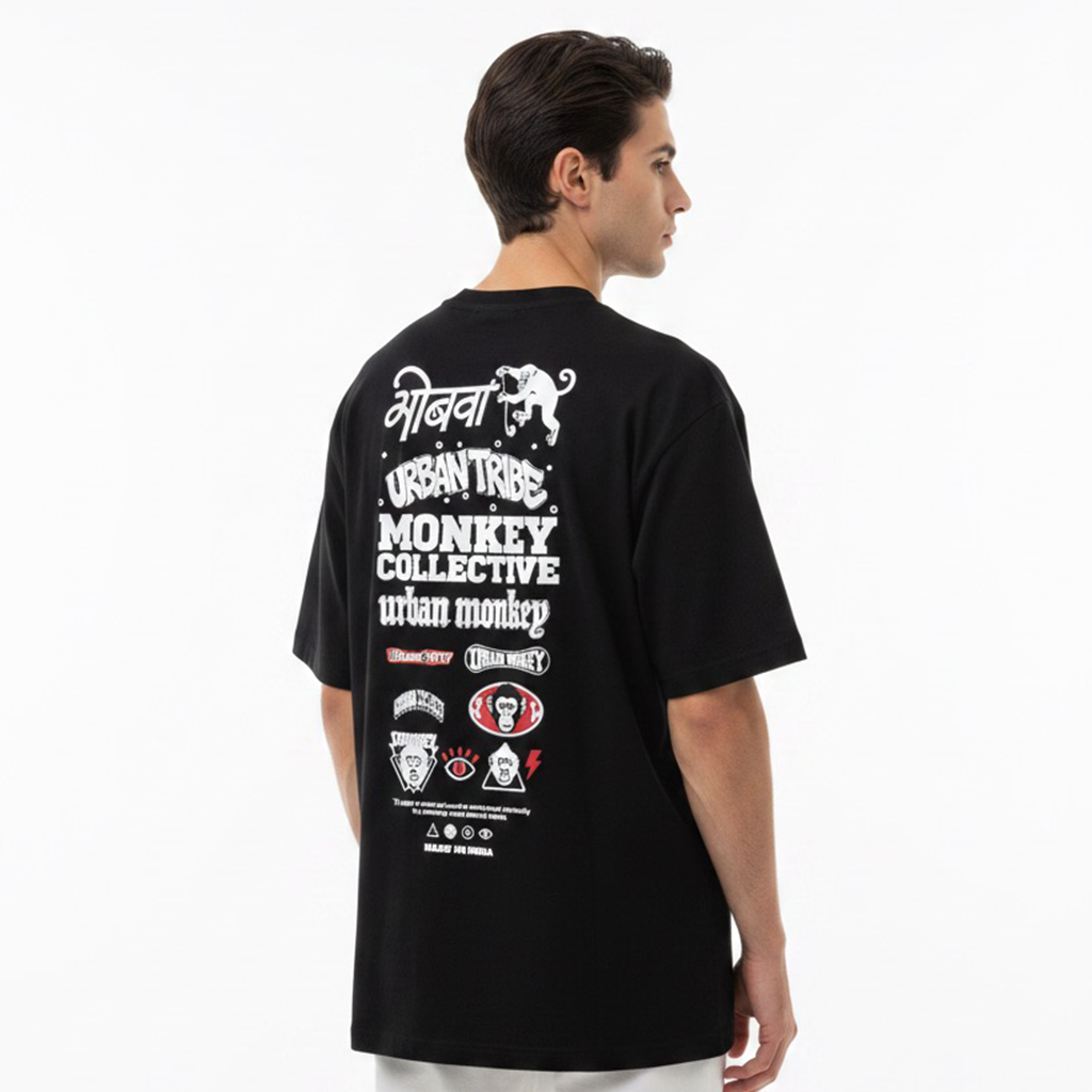 Person wearing a white t-shirt with brand logos on the back against a white background