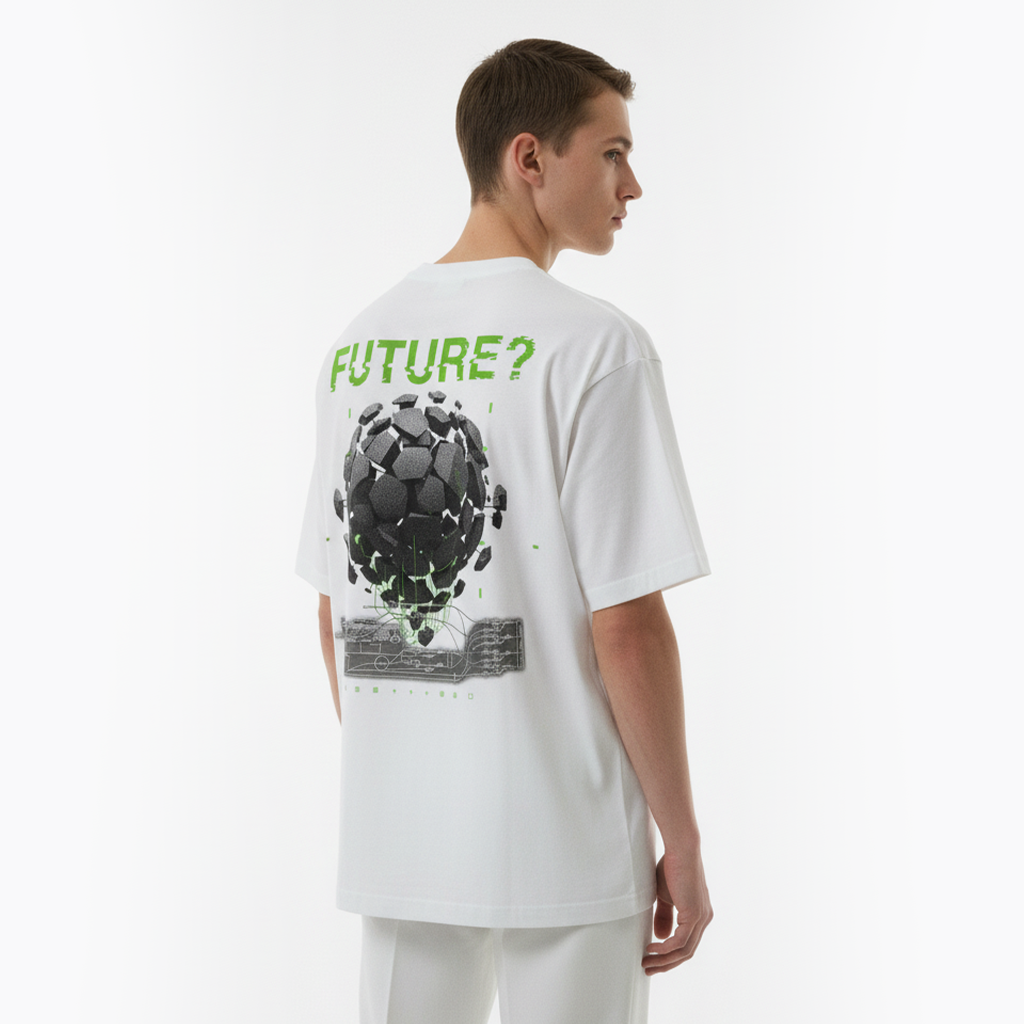 Person wearing a white t-shirt with a graphic design and text on the back, standing against a white background.