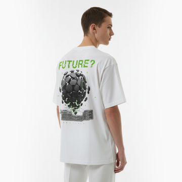 Person wearing a white t-shirt with a graphic design and text on the back, standing against a white background.