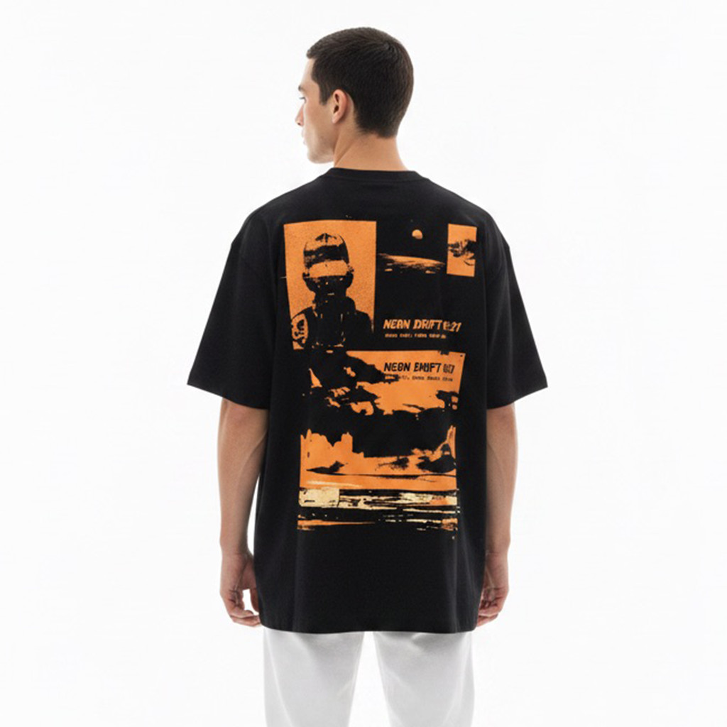 Person wearing a white t-shirt with an orange and black graphic on the back against a white background