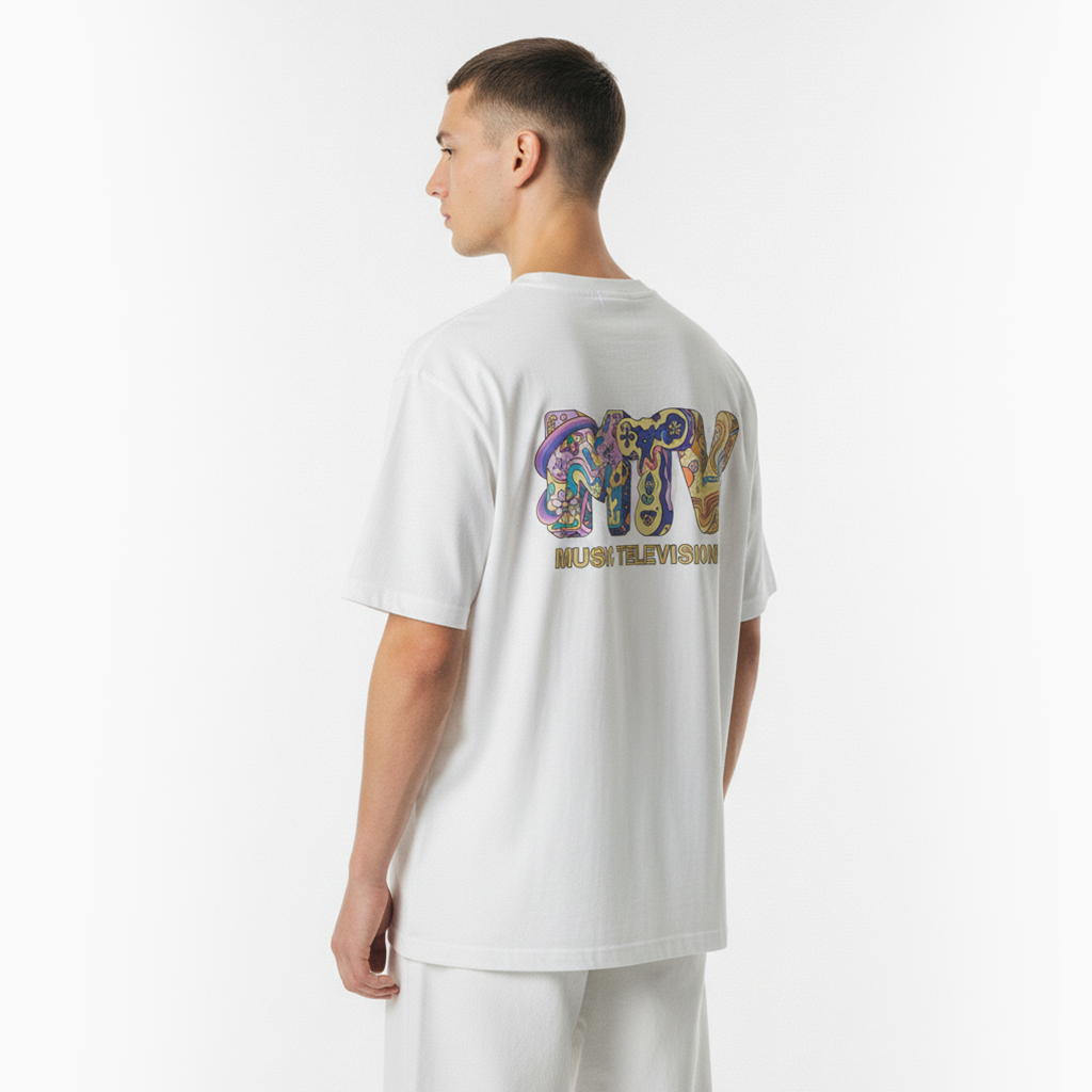 Person wearing a white t-shirt with colorful text on the back against a white background