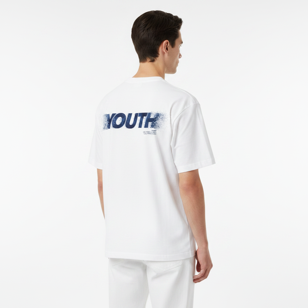 Person wearing a white t-shirt with 'YOUTH' printed on the back against a white background