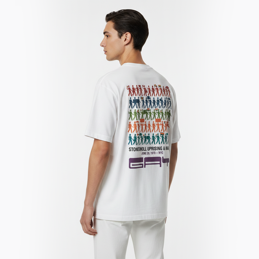 Person wearing a white t-shirt with colorful graphic on the back against a white background