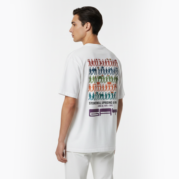 Person wearing a white t-shirt with colorful graphic on the back against a white background