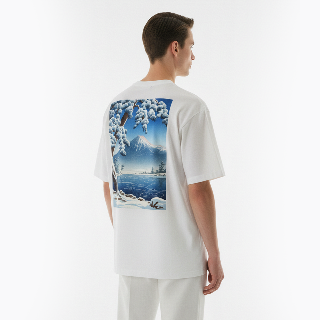 Person wearing a white t-shirt with a scenic print on the back, standing against a plain background