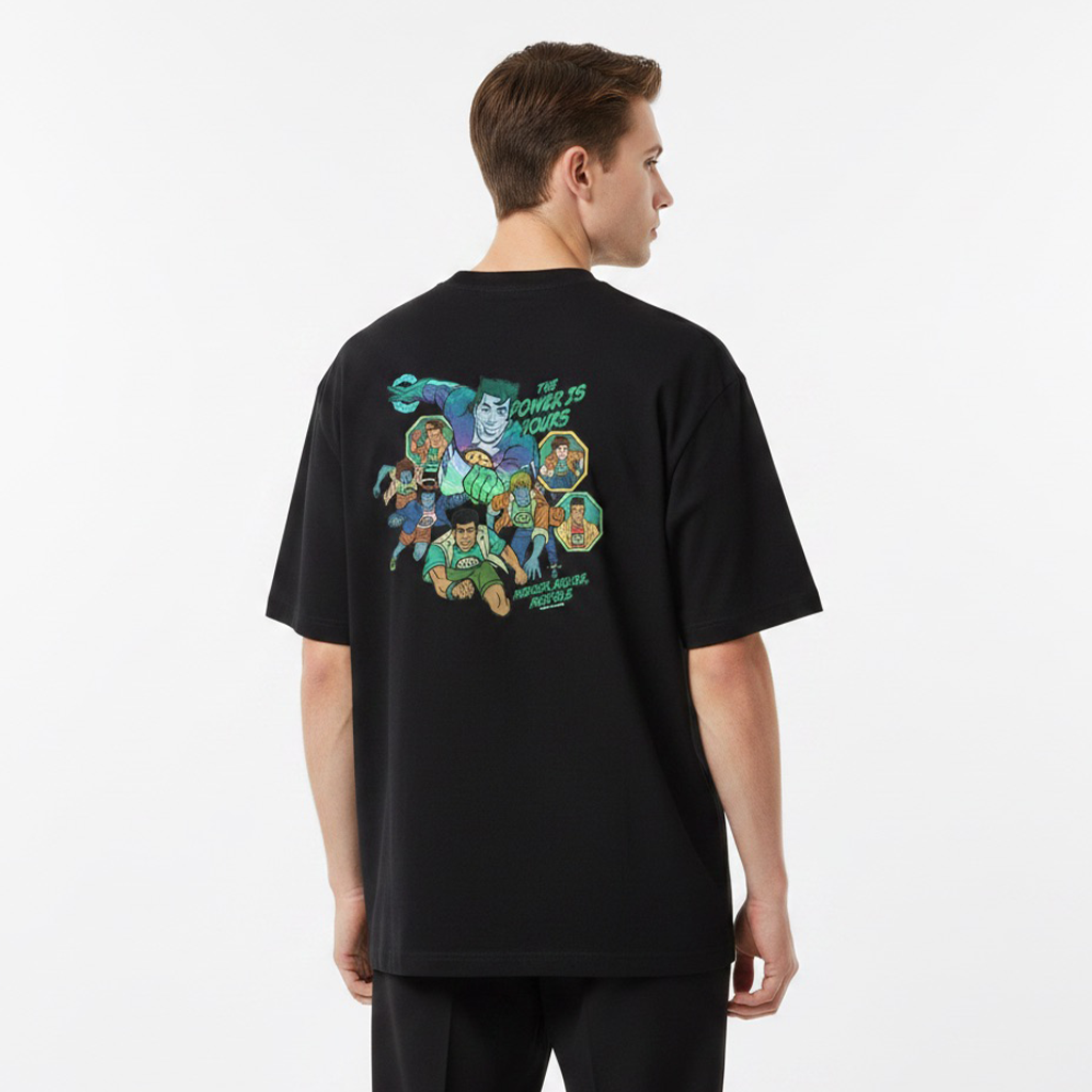 Person wearing a white t-shirt with colorful graphic design on the back against a white background