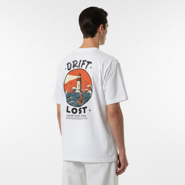 Person wearing a white t-shirt with a graphic design on the back against a white background