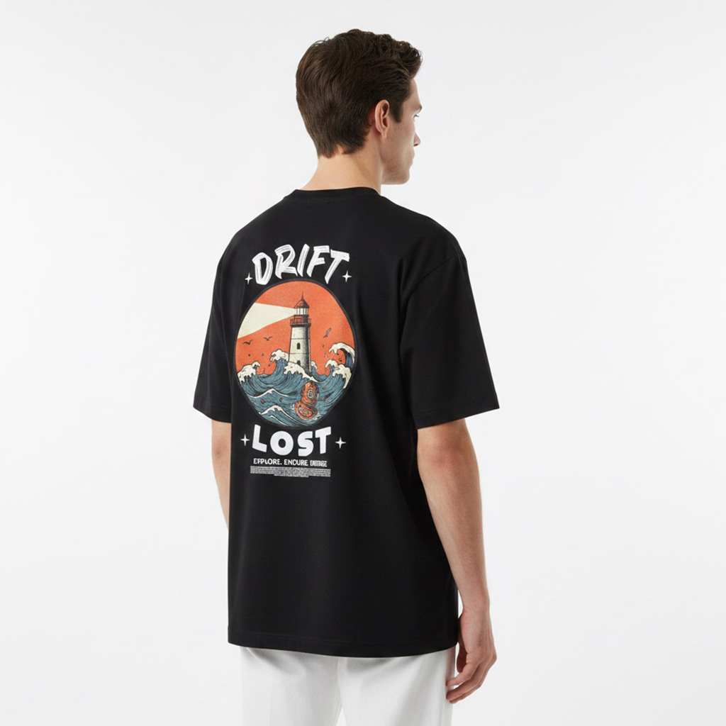 Person wearing a white t-shirt with a graphic design on the back against a white background