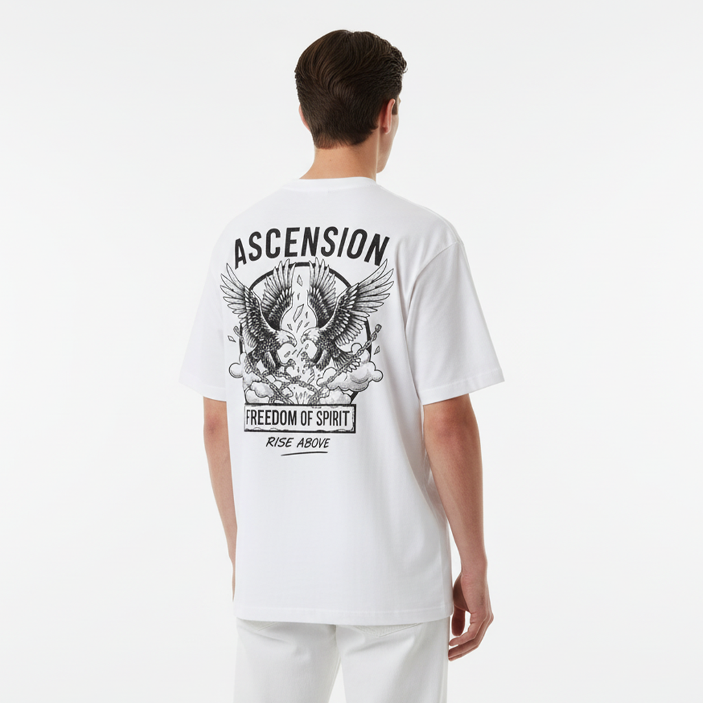 Person wearing a white t-shirt with 'Ascension' design on the back against a white background