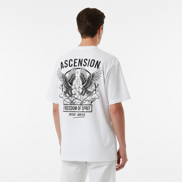 Person wearing a white t-shirt with 'Ascension' design on the back against a white background