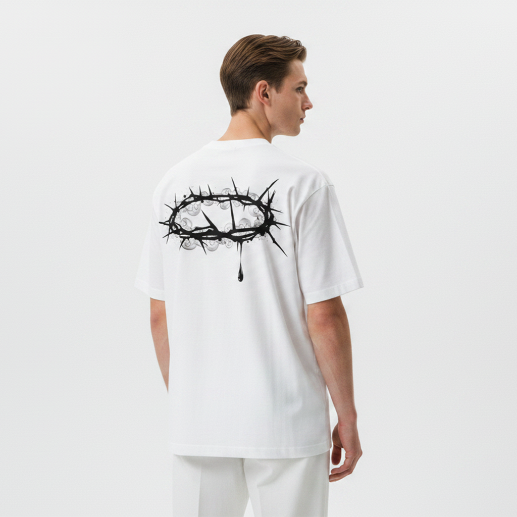 Person wearing a white t-shirt with a black design on the back against a light gray background