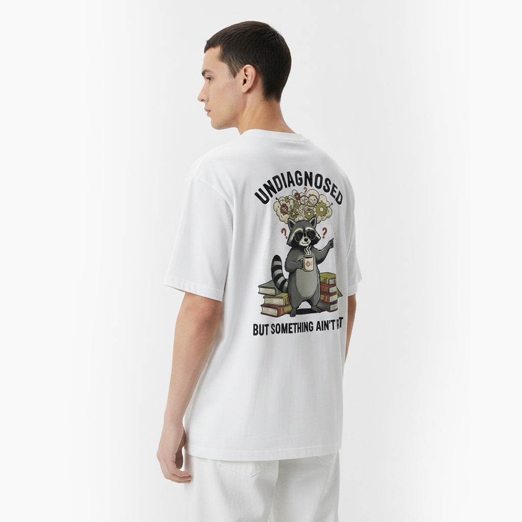 Person wearing a white t-shirt with a graphic design on the back against a white background