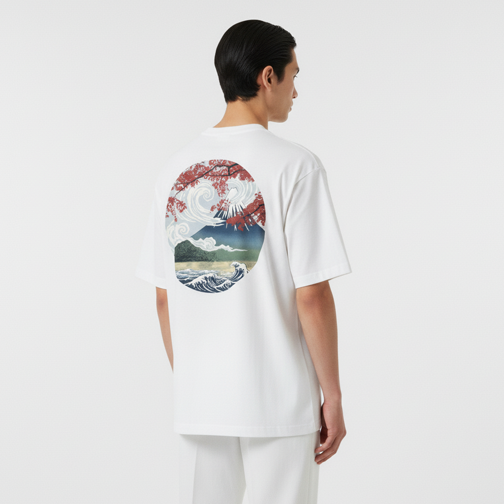 Person wearing a white t-shirt with a colorful graphic on the back against a plain background