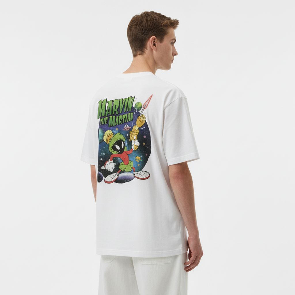 Person wearing a white t-shirt with Marvin the Martian graphic on the back
