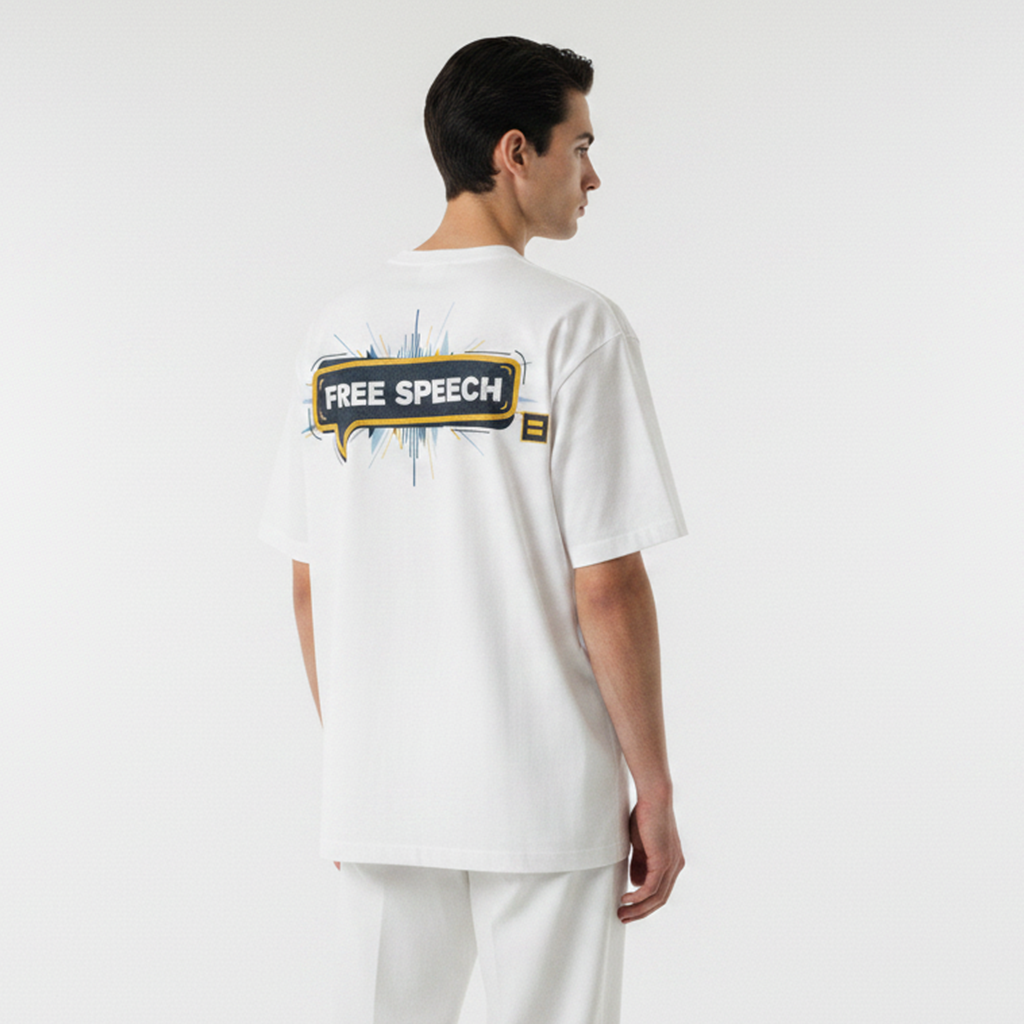 Person wearing a white t-shirt with 'FREE SPEECH' on the back against a plain background