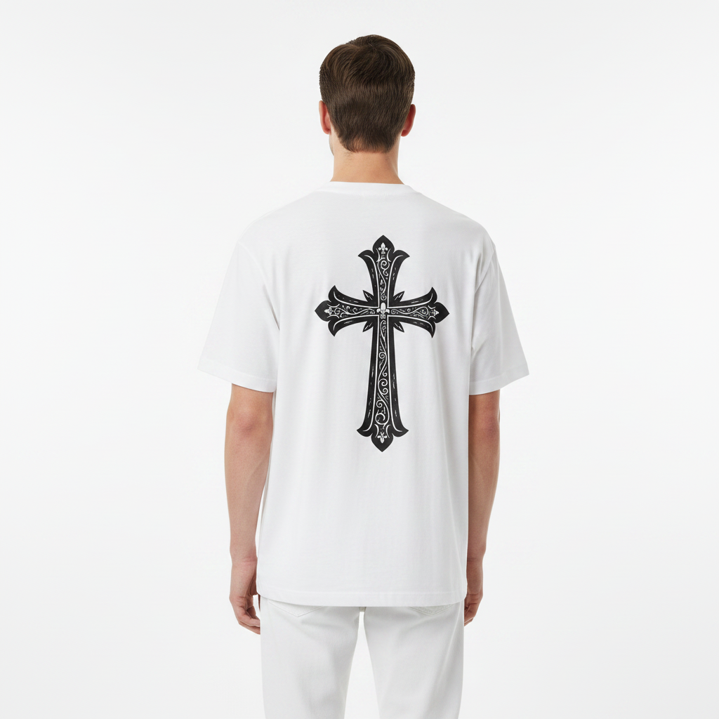 Person wearing a white t-shirt with a black decorative cross on the back against a white background