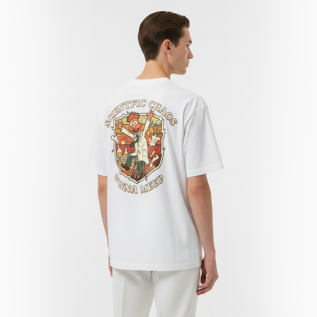 Person wearing a white t-shirt with a colorful graphic on the back against a plain background