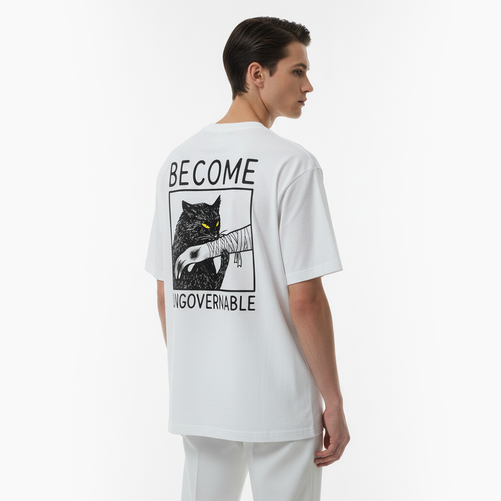 Person wearing a white t-shirt with a graphic design and text on the back, standing against a plain background.