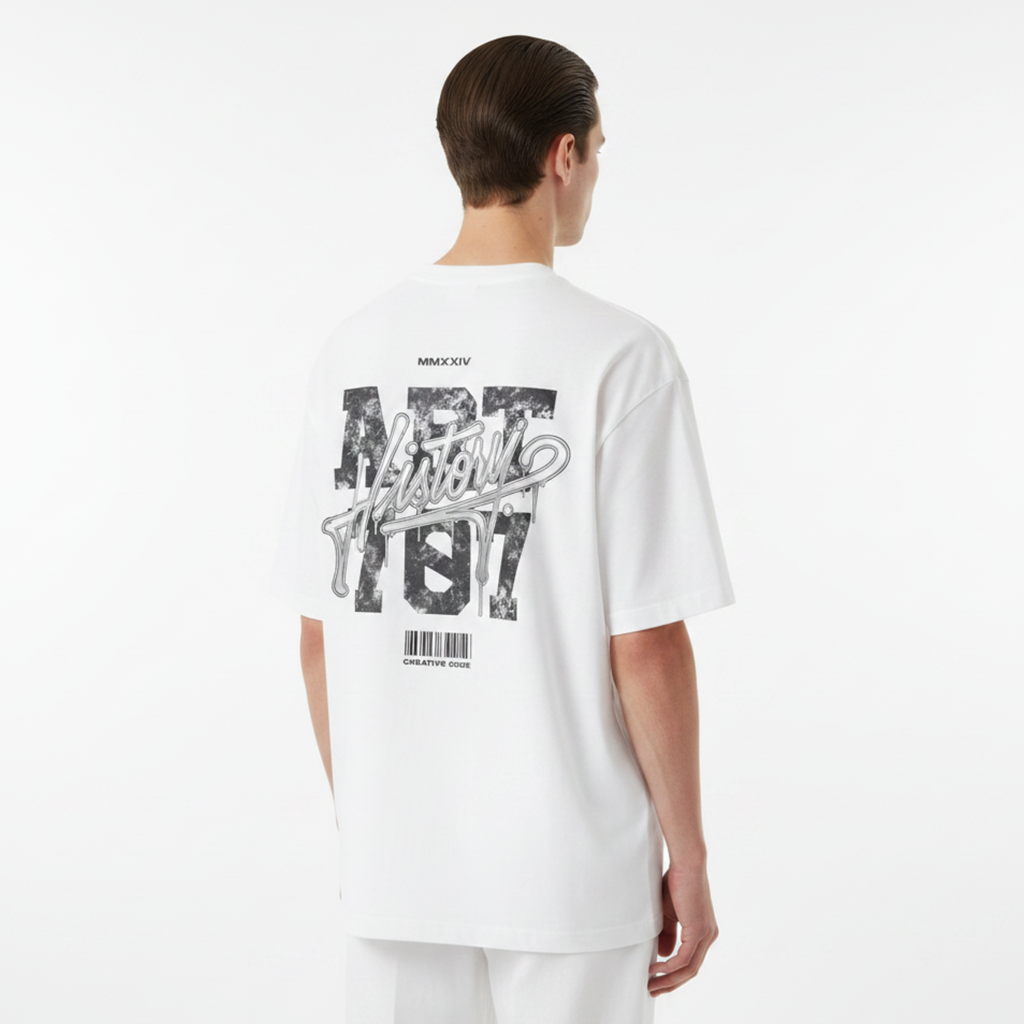 Person wearing a white t-shirt with black graphic design on the back against a white background