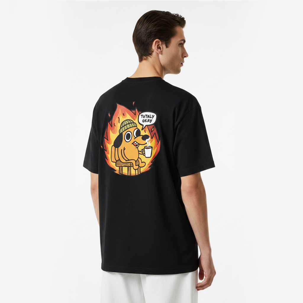 Person wearing a white t-shirt with a colorful graphic on the back against a white background