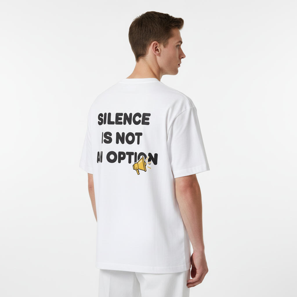 Person wearing a white t-shirt with 'Silence is not an option' text on the back.