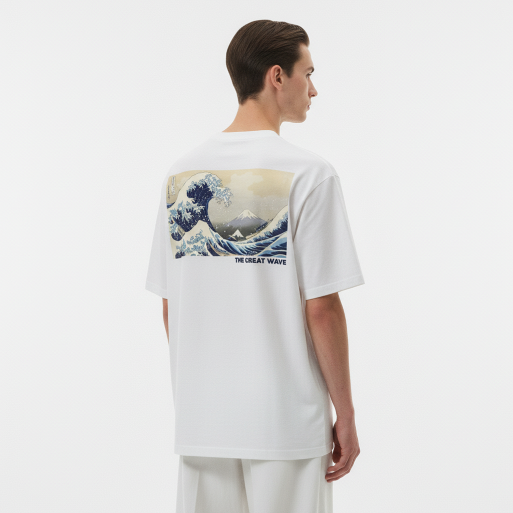 Person wearing a white t-shirt with a graphic design on the back, standing against a plain background