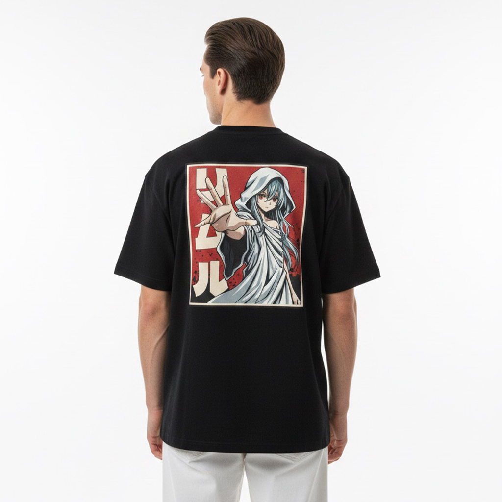 Person wearing a white t-shirt with a graphic design on the back against a plain background
