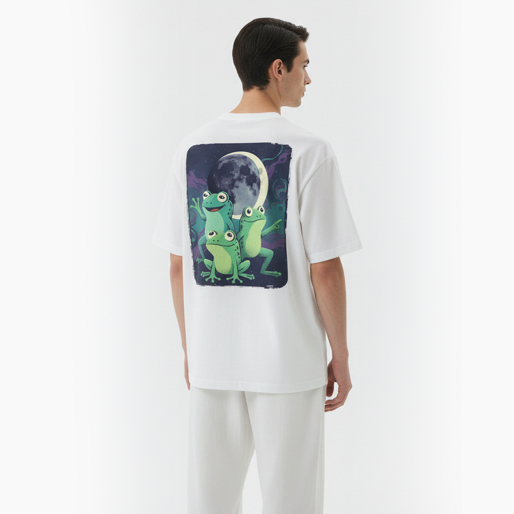 Person wearing a white t-shirt with a colorful graphic of two frogs on the back.