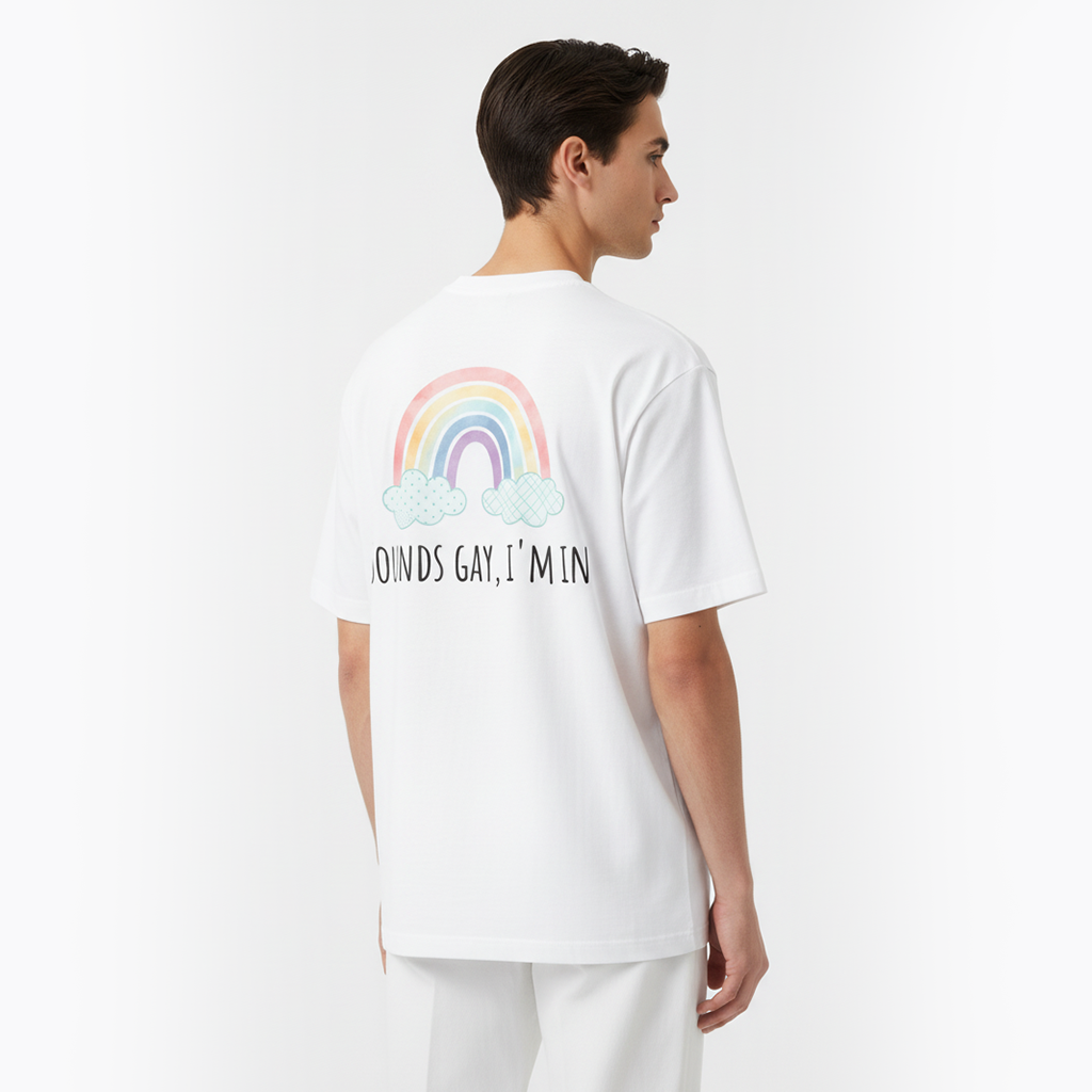 Person wearing a white t-shirt with a rainbow design and text on the back against a plain background