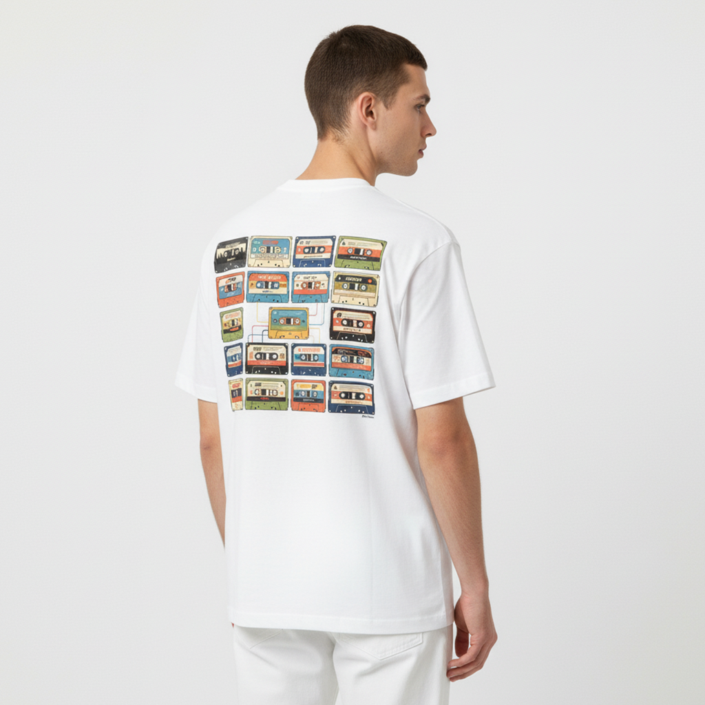 Person wearing a white t-shirt with cassette tape design on the back against a plain background
